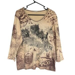 Wild West Shirt Womens Large Graphic‎ Rhinestone Long Sleeve Western Top